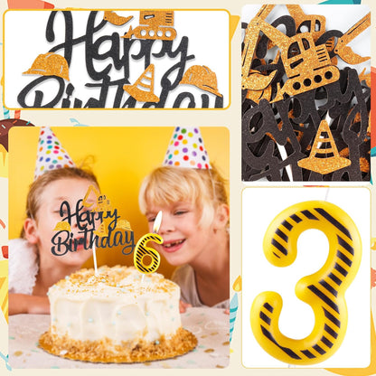 FUNCANDLE Set,Yellow 4 4th Construction Themed Birthday Candles White Stripes Number Candle with Construction Cake