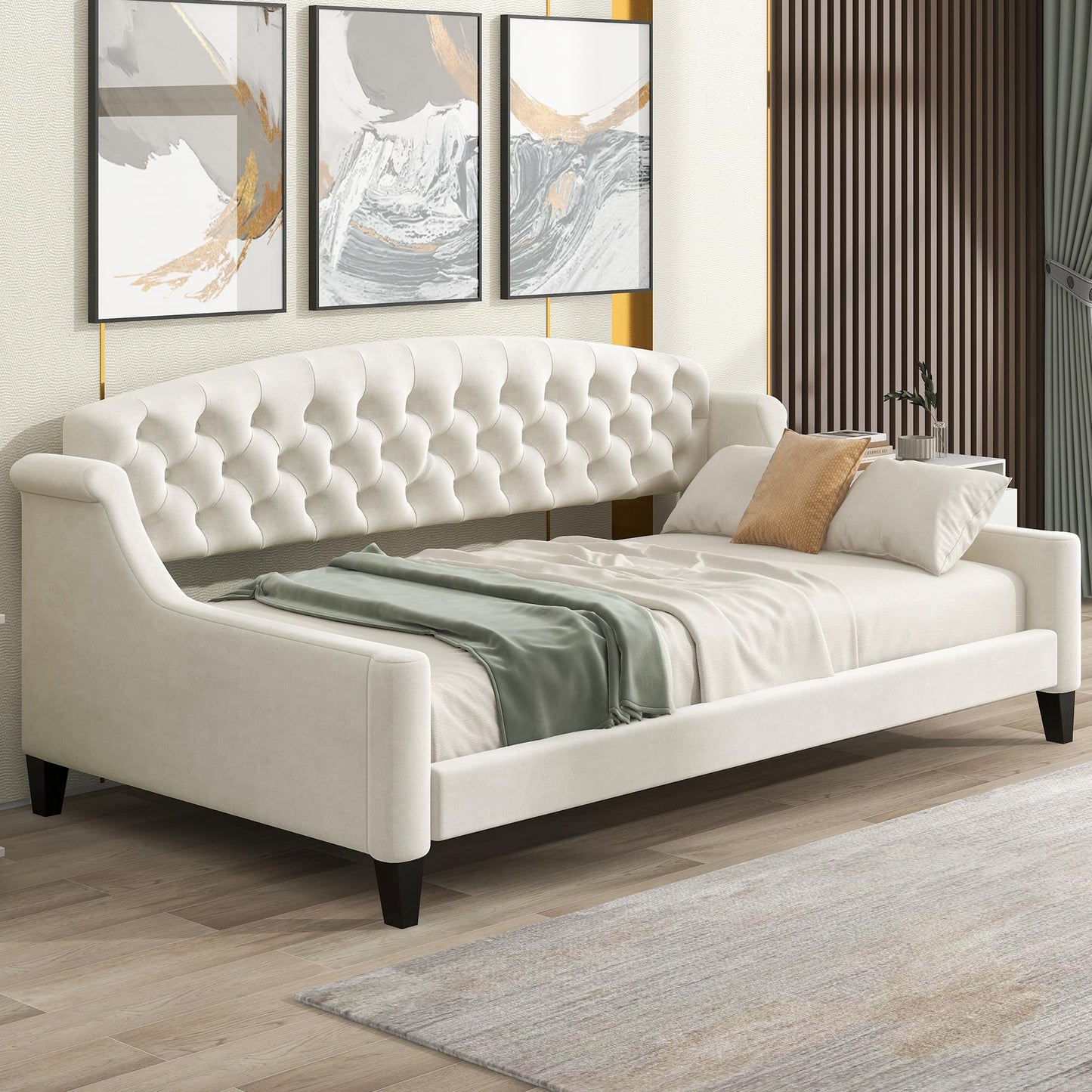 Merax Twin Size Modern Luxury Tufted Button Daybed, Upholstered Twin Daybed Frame, Sofa Bed for Bedroom, Living Room, Twin, Beige