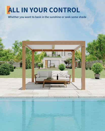 10x10FT Louvered Pergola, Modern Style Outdoor Pergola with Adjustable Louvered Roof, Reinforced Aluminum Frame, Integrated Drainage System, Hardtop Gazebo for Patio, Deck, Wood Grain