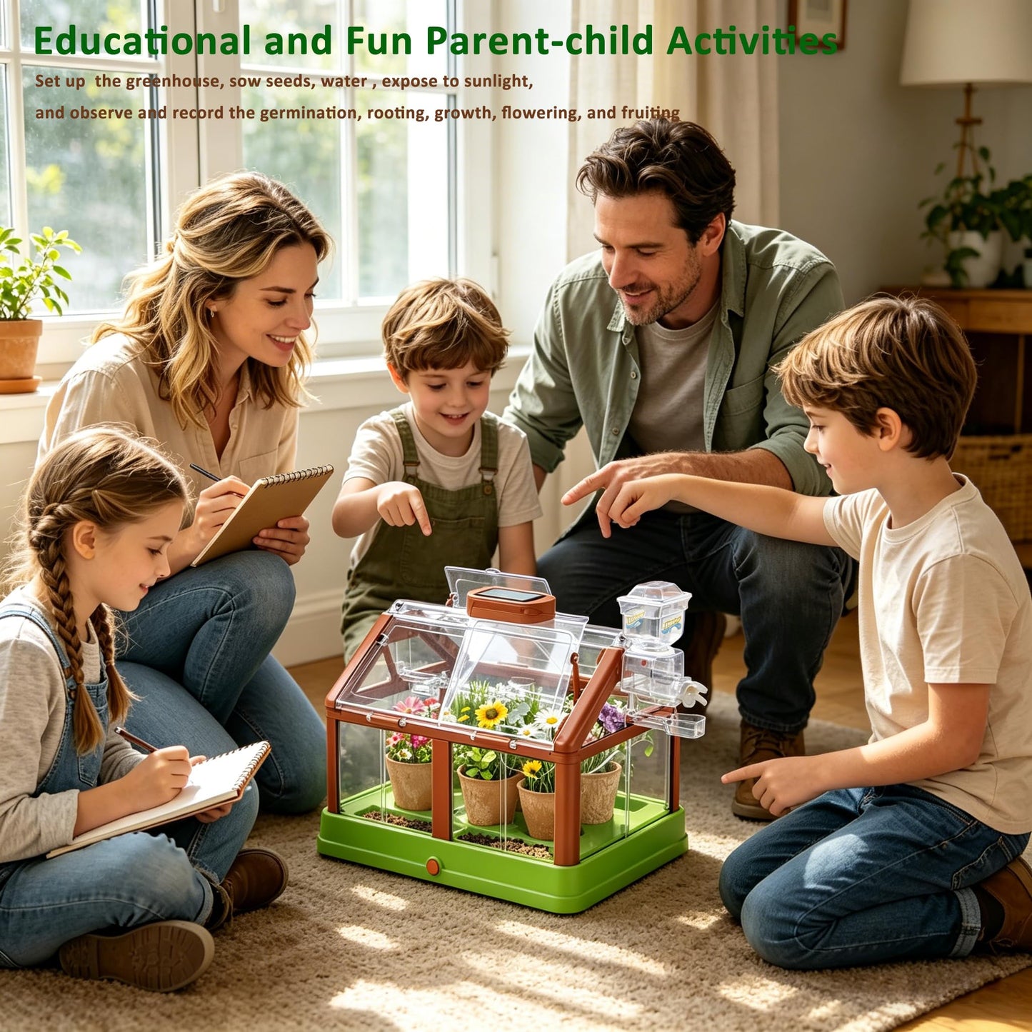 EXBEPE Kids Plant Growing Kit Greenhouse Growing Set Terrarium Kit Kids Science Educational DIY Plant Gardening Toy, Living Greenhouse with Solar Panel, Indoor Gardening Kit