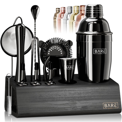 BARE BARREL® Mixology Bartender Kit Bar Set | 14-Piece Cocktail Shaker Set | Martini Barware Mixing Tools for Home Bartending | Incl. 35 Recipe Cards | Gift Set (24oz Cobbler Shaker, Jet Black/Black)