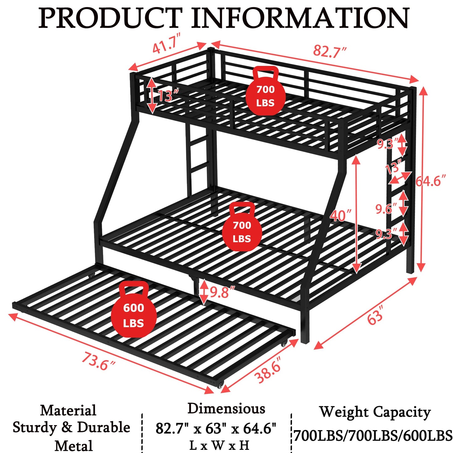 Heavy-Duty Metal Twin XL Over Queen Bunk Bed with Trundle for Teens Adults,Higher Quality Steel Queen Size BunkBed with 2 Vertical Ladders ,Noise Free for Small Bedroom, Weight Capacity 700LBS (Black)