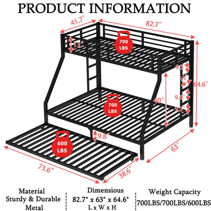 Heavy-Duty Metal Twin XL Over Queen Bunk Bed with Trundle for Teens Adults,Higher Quality Steel Queen Size BunkBed with 2 Vertical Ladders ,Noise Free for Small Bedroom, Weight Capacity 700LBS (Black)