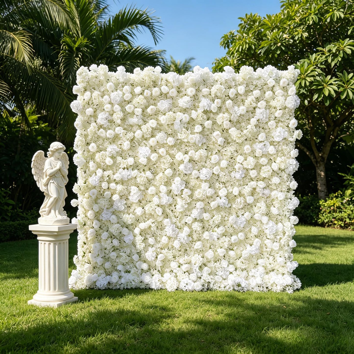5D White Realistic Rose wall Backdrop, 8×8ft,Artificial Flower wall Panel. Easy to Install and Store, Reusable. Perfect for Weddings, Birthday Parties, and Home Decoration. Withouf Stand
