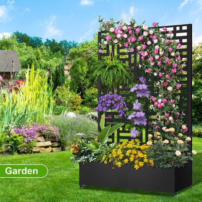 Meyoppm 72"x47"x16" Metal Planter Box with Trellis, Galvanized Steel Raised Garden Bed with Lockable Casters & Drainage Holes, Outdoor Large Planter Box for Climbing Plants, Vegetables & Flowers