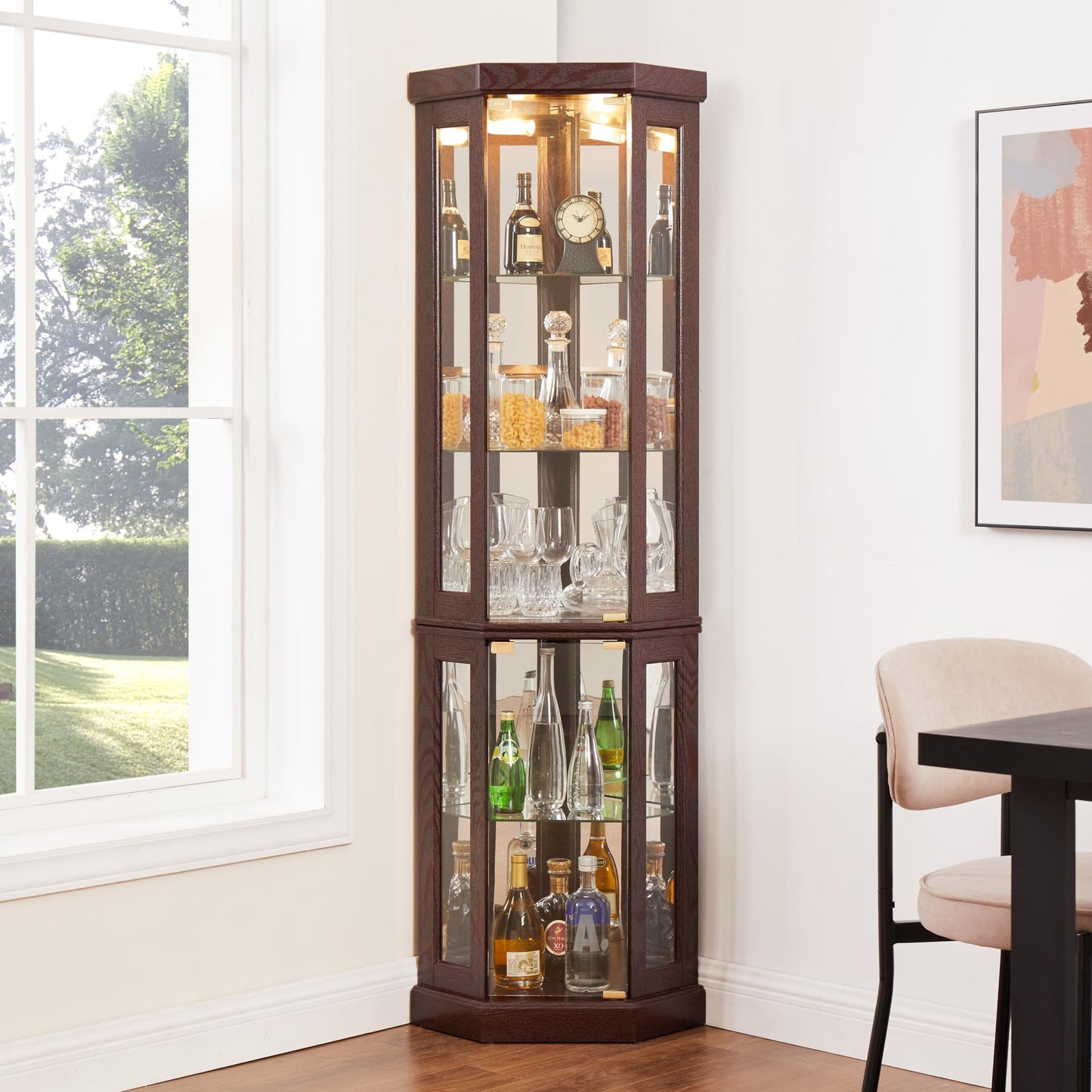 KEIKI 70" Corner Glass Display Cabinet with Adjustable Shelves, for Collectibles, Storage Curio Cabinet with Side-Hung Pane Doors, 5-Tier Showcase Display Case, Easy Assembly, for Living Room, Cherry