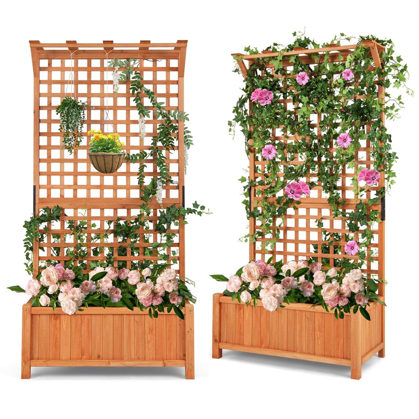 CHEFJOY Wooden Planter Box with Trellis, 72.5” Freestanding Garden Planter w/Hanging Roof, 4 Drainage Holes & Lattice Panel, Raised Garden Bed with Trellis for Vine Climbing Plants Flowers (2)