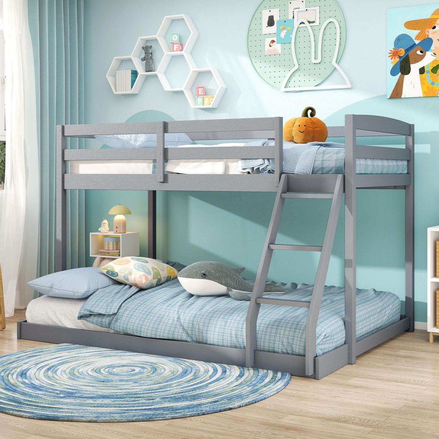 Giantex Twin Over Full Bunk Bed, Solid Wood Kids Bunk Bed with Full-Length Guardrails & Ladder, Low Bunk Beds with Slats Support for Kids, Teens, No Box Spring Needed, Grey
