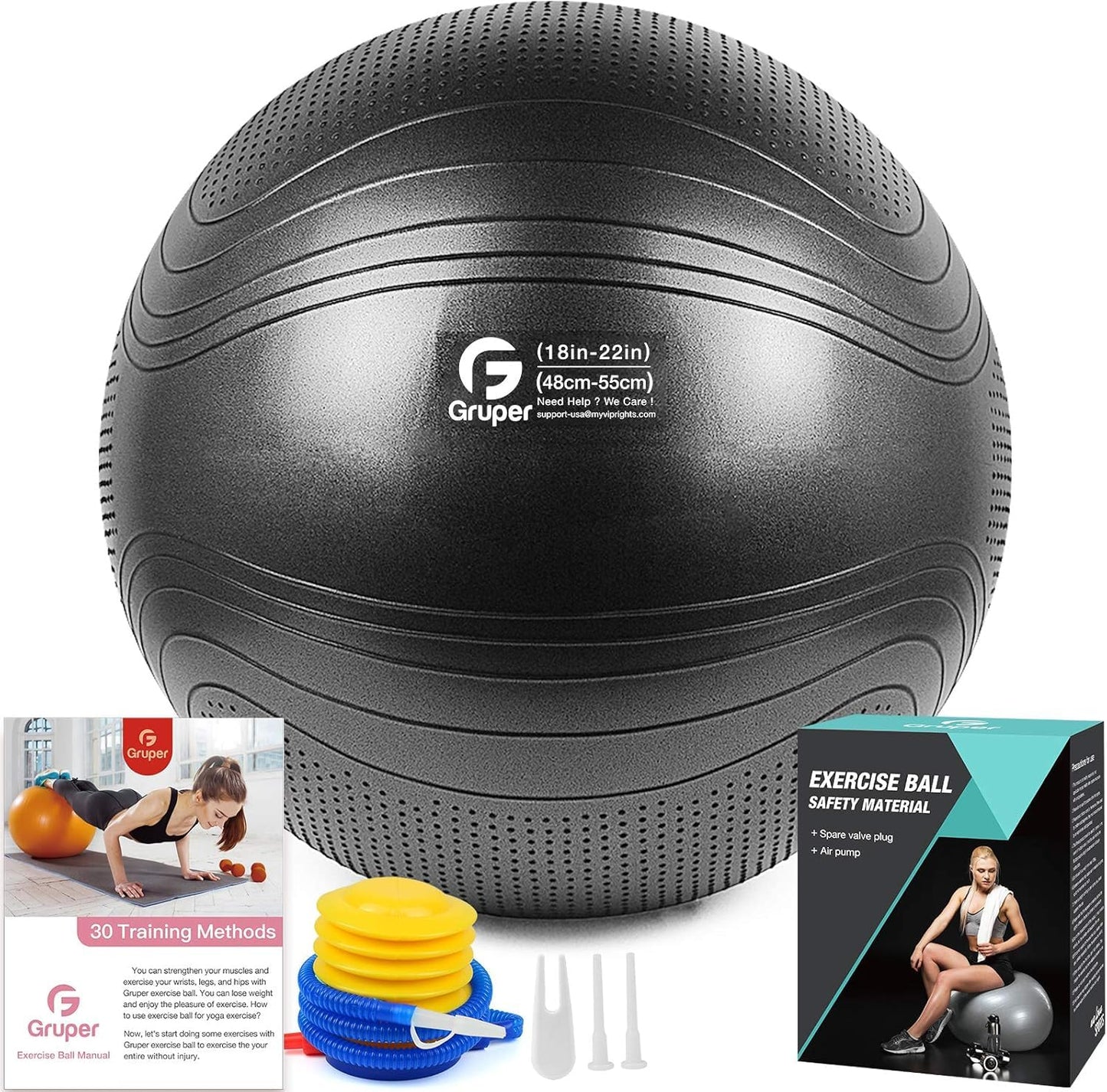 Gruper Yoga Ball, Multiple Sizes Non Slip Exercise Ball for Workout, Birthing, Balance, Stability, Pregnancy, 2200LB Capacity, Anti Burst Chair for Home and Office, Includes Quick Pump & Fitness Guide