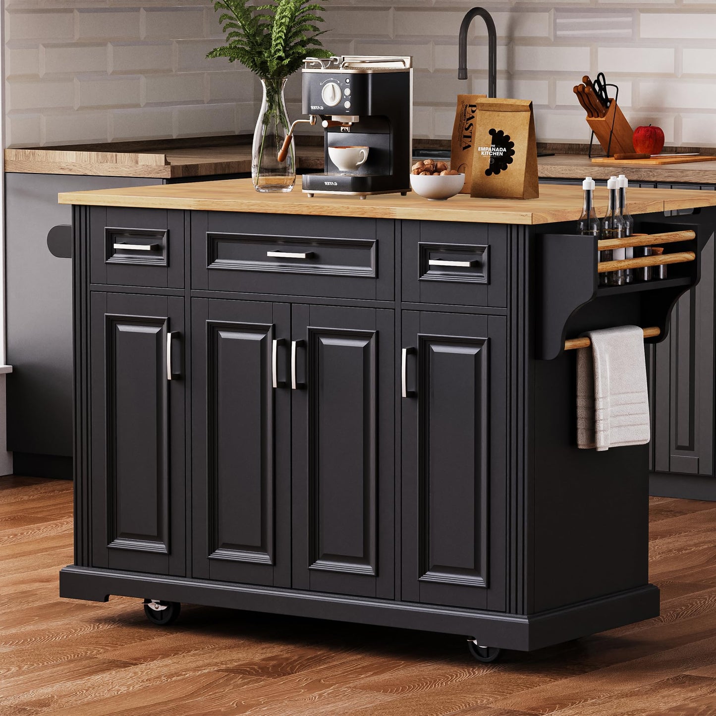 Ball & Cast Large Kitchen Island with Rubber Wood Drop Leaf,Embossed Texture Rolling Kitchen Cart On 4 Wheels W/4 Doors & 3 Drawers,Mobile Kitchen Islands W/ Storage for Kitchen,Dining Room,Black,54"