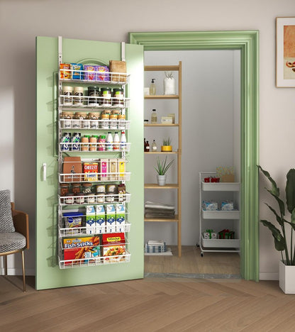 Mefirt Over The Door Pantry Organizer, Wall Mount Spice Rack, Pantry Hanging Storage and Organization, 8 Adjustable Baskets Heavy-Duty Metal for Home & Kitchen, Back of Door Seasoning Rack - White