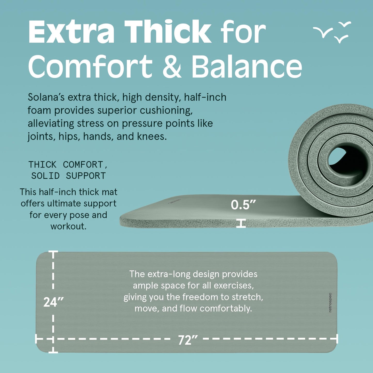 Retrospec Solana Yoga Mat 1/2" Thick w/Nylon Strap for Men & Women - Non Slip Excercise Mat for Yoga, Pilates, Stretching, Floor & Fitness Workouts, Sage