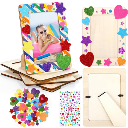 Aneco 6 Packs Picture Frame Painting Craft Kit for 4 x 6 Inch Photo DIY Unfinished Wooden Photo Frames with Diamond and Foam Stickers for DIY Crafts, Paint and Decorate