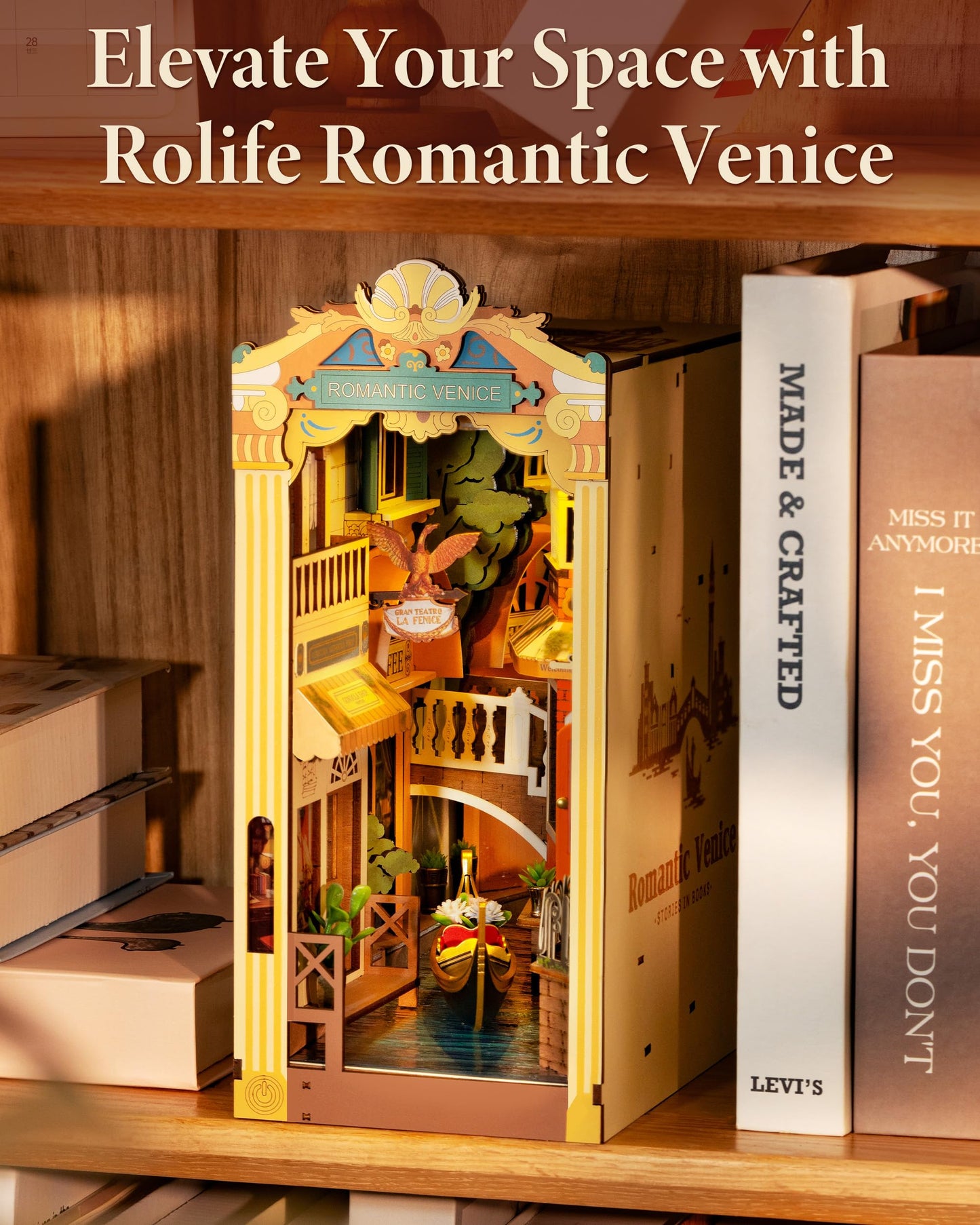 Rolife DIY Book Nook Kits for Adults 3D Wooden Puzzle-Bookshelf Insert Booknook-Miniature Kit-Gifts for Mom Dad Adults (Romantic Venice)