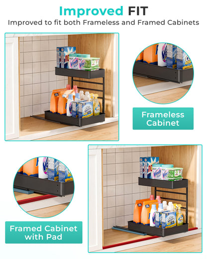 EVERIE Height Adjustable 2 Tier Metal Pull Out Slide Shelf Organizer for Under Sink Cabinets in Kitchen, Bathroom, with Snap-on Top Tray, 16" Deep (Black, 2 Sets)