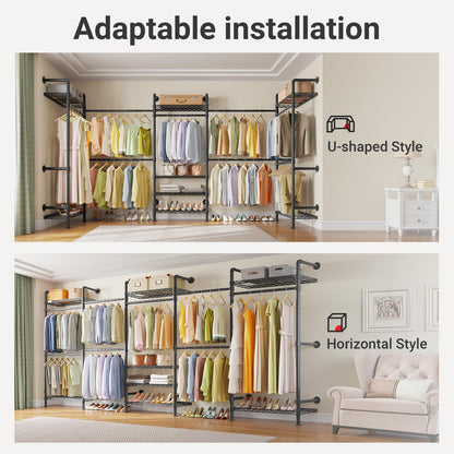 Timate U5 Expandable Wall Mounted Clothes Rack, Walk in Closet, Heavy Duty Industrial Pipe Clothing Rack with 4 Expandable Hanger Rods & 8 Adjustable Shelves, Fits Spaces 8'- 10', Black