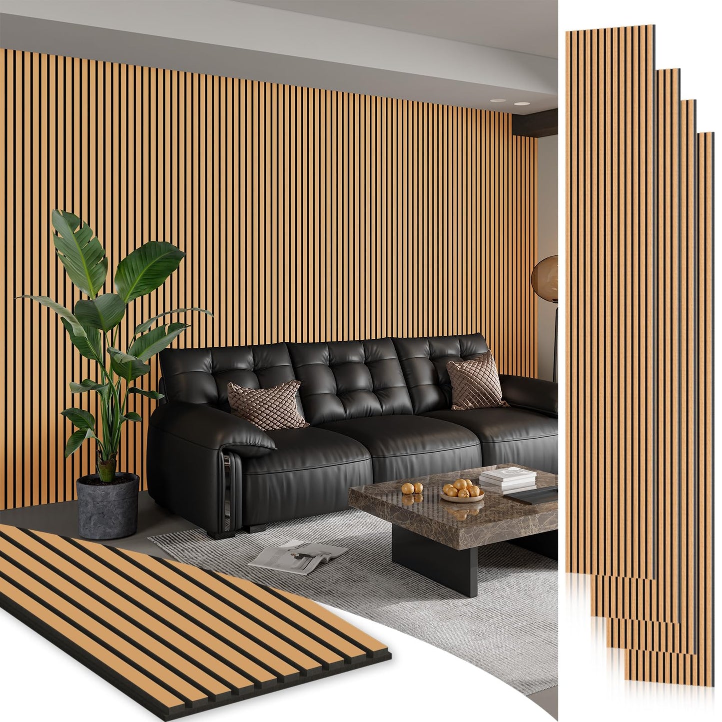 Smartstandard 4 Pack 106" x 12.6" Wood Slat Wall Panels, Soundproof Wooden Wall Panels, Acoustic Wood Panels for Wall, 3D Fluted Wooden Panels for Interior Wall Decor, Light Brown