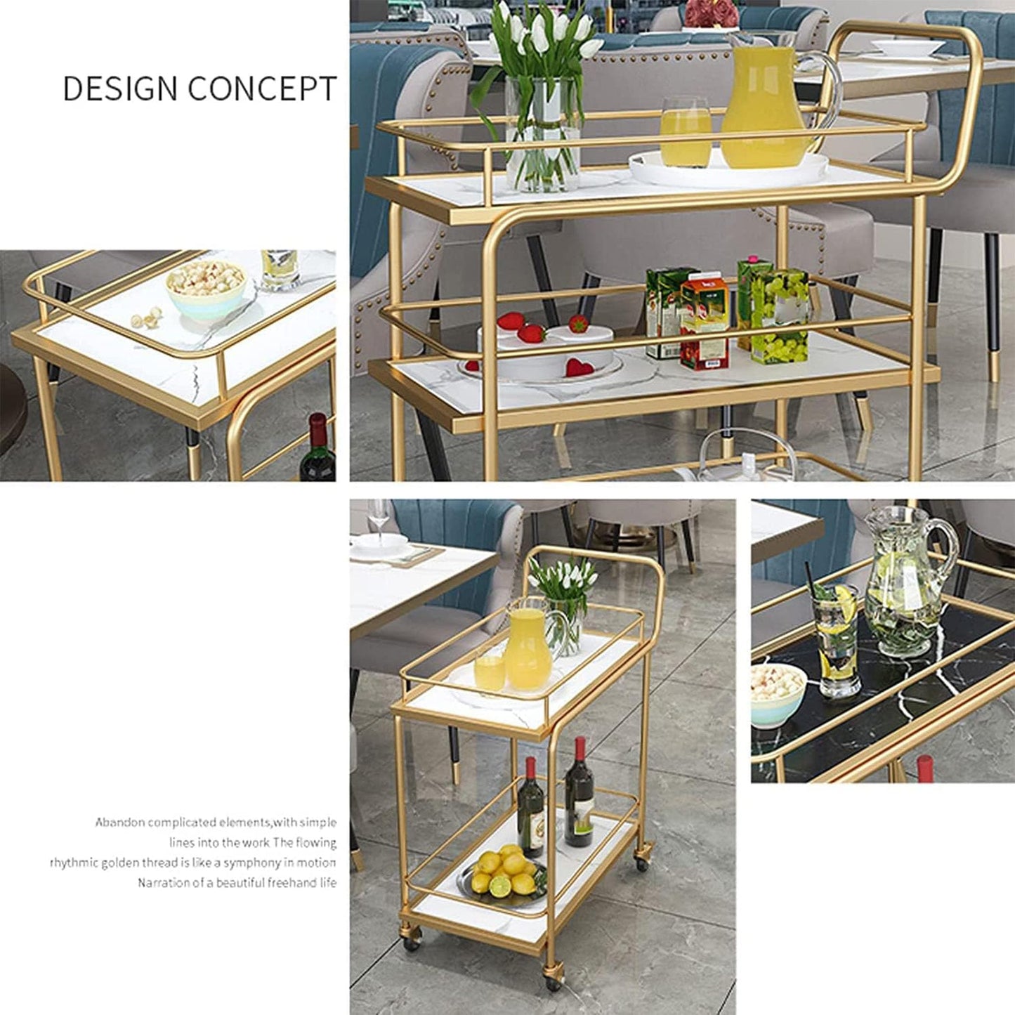 3-Tier Bar Cart with Wheels, Gold Metal Frame with Marble Pattern Shelves, Rolling Serving Trolley with Lockable Casters, Kitchen Living Room Storage Cart, 27x15x34 Inches