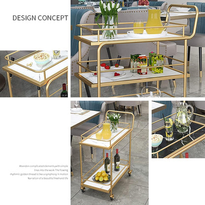 3-Tier Bar Cart with Wheels, Gold Metal Frame with Marble Pattern Shelves, Rolling Serving Trolley with Lockable Casters, Kitchen Living Room Storage Cart, 27x15x34 Inches