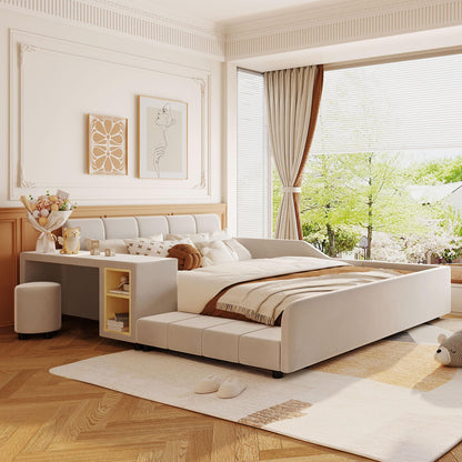 Merax Queens Size Velvet Bed Frames Upholstered Grounded Bed, Wooden Mother & Child Bed with Bedside Desk and Little Round Stool,Kids Adults Bedroom Floor Platform Bed,Beige