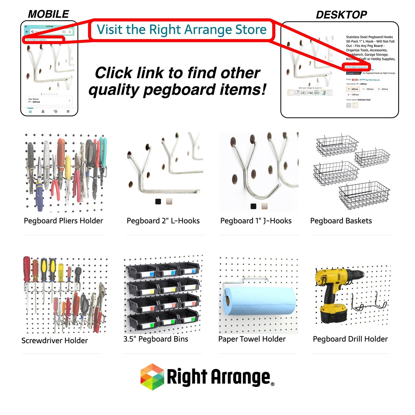 RightArrange One-Handed Tear Pegboard Paper Towel Holder - Stainless Steel - Hooks to Any Peg Board - Pegboard Accessories for Tool Shed, Garage, Workbench, Kitchen, Laundry or Craft Room Organization