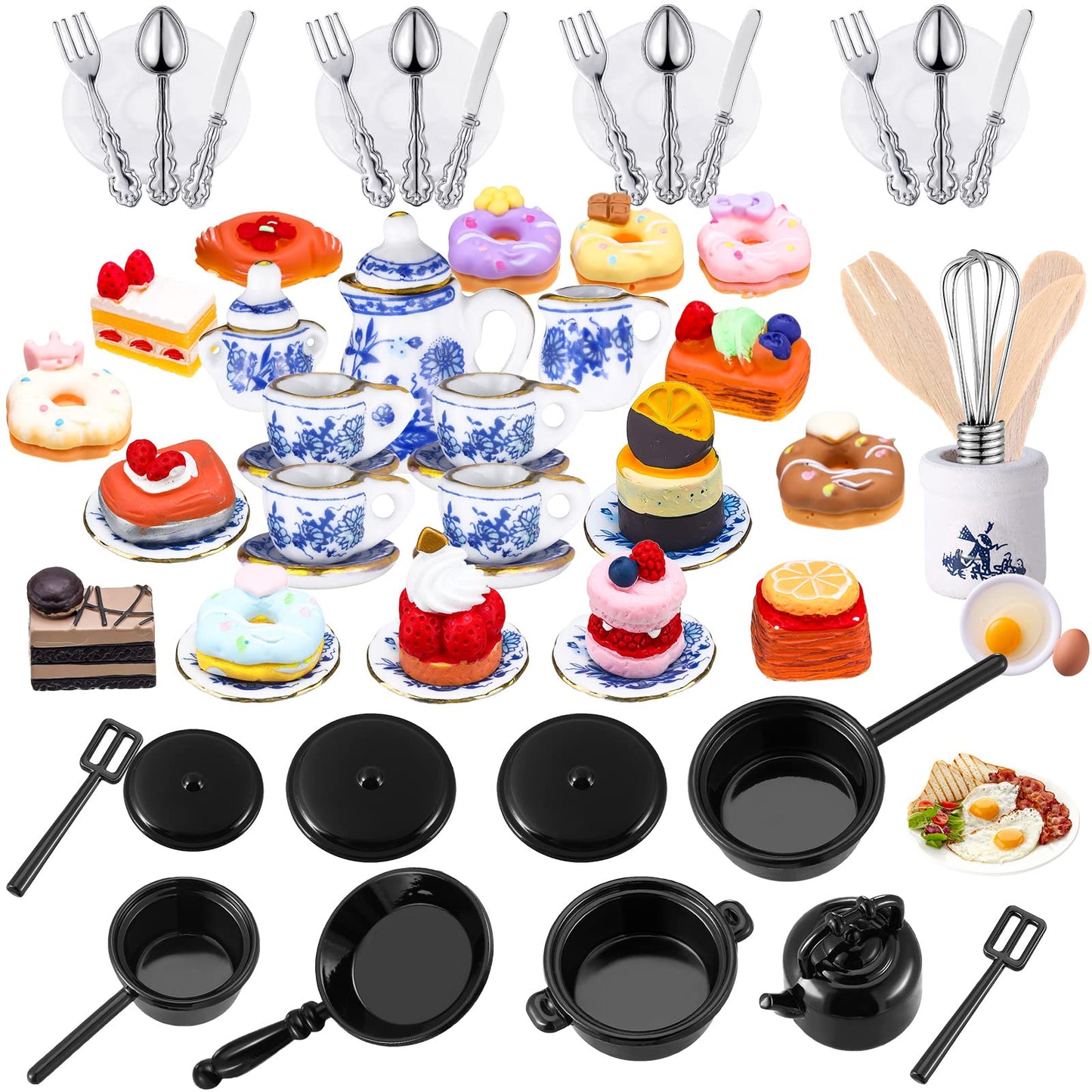 62 Pcs 1:12 Scale Miniature Dollhouse Kitchen Accessories Miniature Tea Cup Pots Resin Cake Set Include 16 Mini Plates Knife Fork Spoon 6 Egg Beater Utensil 10 Mini Stovetop Cookware 15 Pretend Food