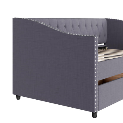 Christopher Knight Home Twin XL Daybed Frame with Two Drawers, Linen Fabric Upholstered Sofa Couch, 85’‘ Living Room Sleeper Sofa, Cozy Daybed for Bedroom, Diamond-Tufted Design, Rivet Armrests, Gray