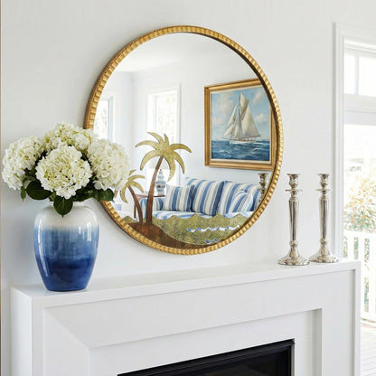 Kaleifaun Round Gold Wall Mirror 32" – Decorative Metal Frame Wall Mirror with Tropical Coconut Tree, Beaded Coastal Accent Mirror for Living Room, Bedroom, Bathroom, Beach House