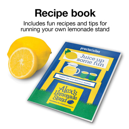 Proctor Silex Alex's Lemonade Stand Electric Citrus Juicer Machine, Large 34 oz. Pitcher, Pressure Activated, for Lemons, Limes and Oranges, 34 oz, Includes 2 Reamers & Recipe Book, Yellow (66341)