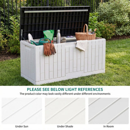 YITAHOME Large Deck Box 120 Gallon Resin Outdoor Storage Box w/Slide-Locking Black Lid, Patio Storage Bin for Outdoor Pillows, Garden Tools and Pool Supplies, Waterproof, Lockable, Grayish-White