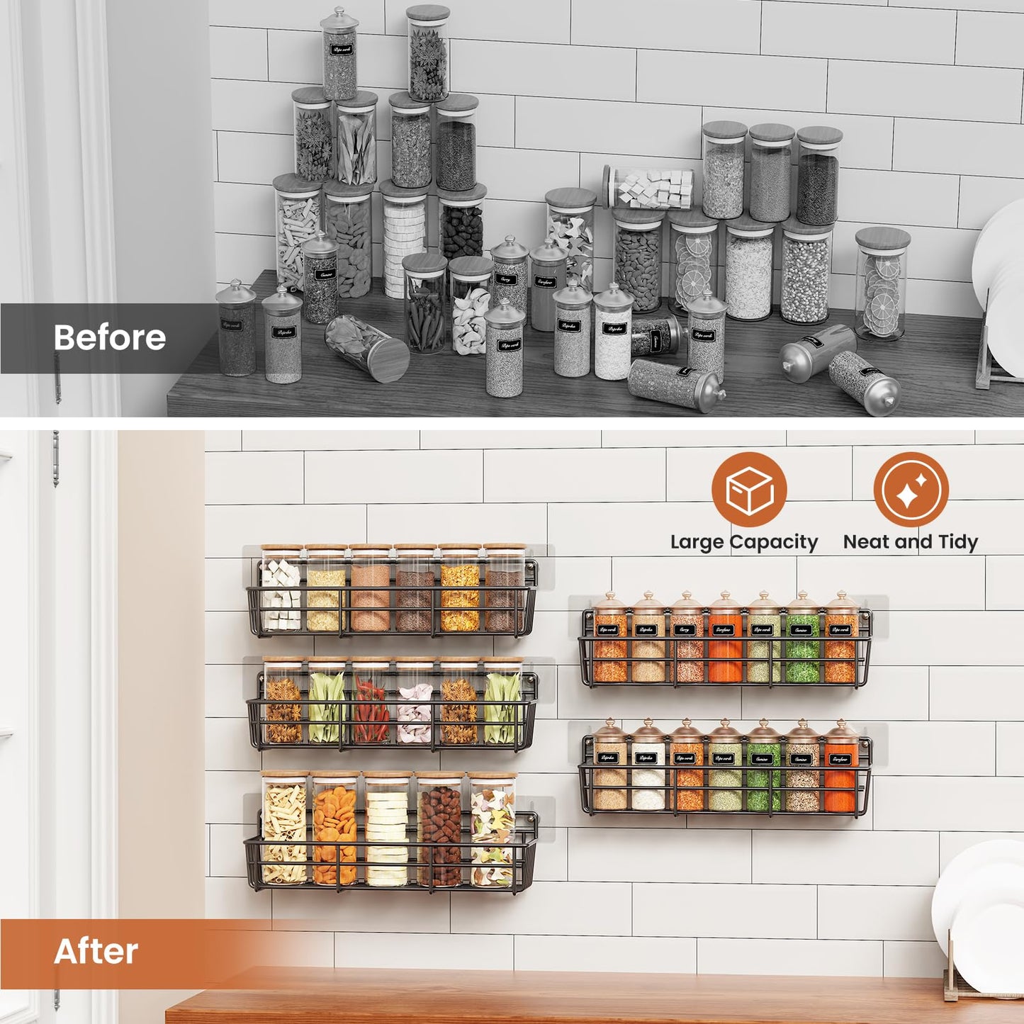 Mystozer Spice Rack wall mounted 6 Pack, Space-Saving Spice Organizer for Spice Jars and Seasonings,Screw or Adhesive Hanging Spice Rack Organizer for Your Kitchen Cabinet,or Pantry Door