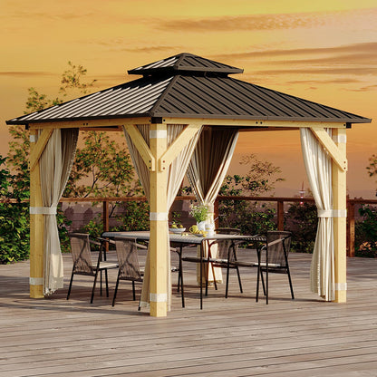 10x10 FT Outdoor Hardtop Wood Gazebo with Cedar Frame, Double Galvanized Steel Roof, Patio Pavilion with Curtains, Mesh Netting & Ceiling Hook for Backyard, Deck, Lawn, Garden