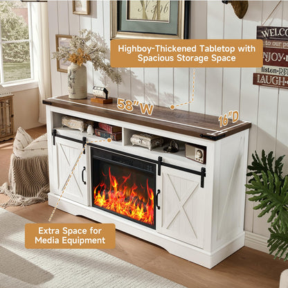 ROCKPOINT 58" Fireplace TV Stand for TV up to 65 Inch with Farmhouse Sliding Barn Doors, Highboy Entertainment Center with Storage Cabinet, 23" Electric Fireplace with Remote, White