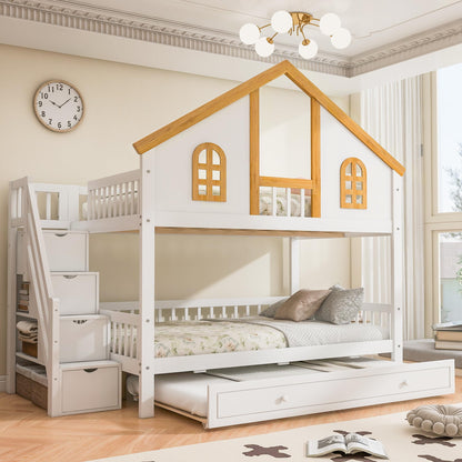 Merax Full Over Full Wooden Bunk Bed with Trundle and Storage Staircase, Full Size House Bunk Bed Frame with Window Door Guardrails for Teens, Boys, Girls Bedroom, White+Natural