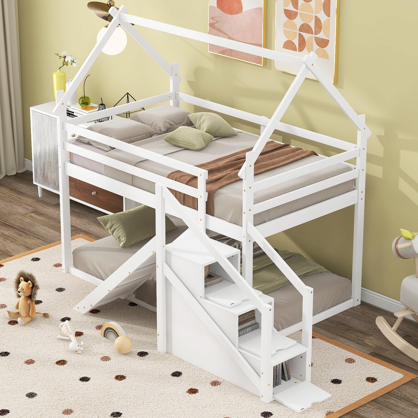 Merax Twin Over Twin Bunk Bed with Full-Length Guardrails for Teens, Boys, Girls, Wooden House Bed Frame & Slide and Storage Stairs for Children's Room, Bedroom, No Box Spring Needed, White