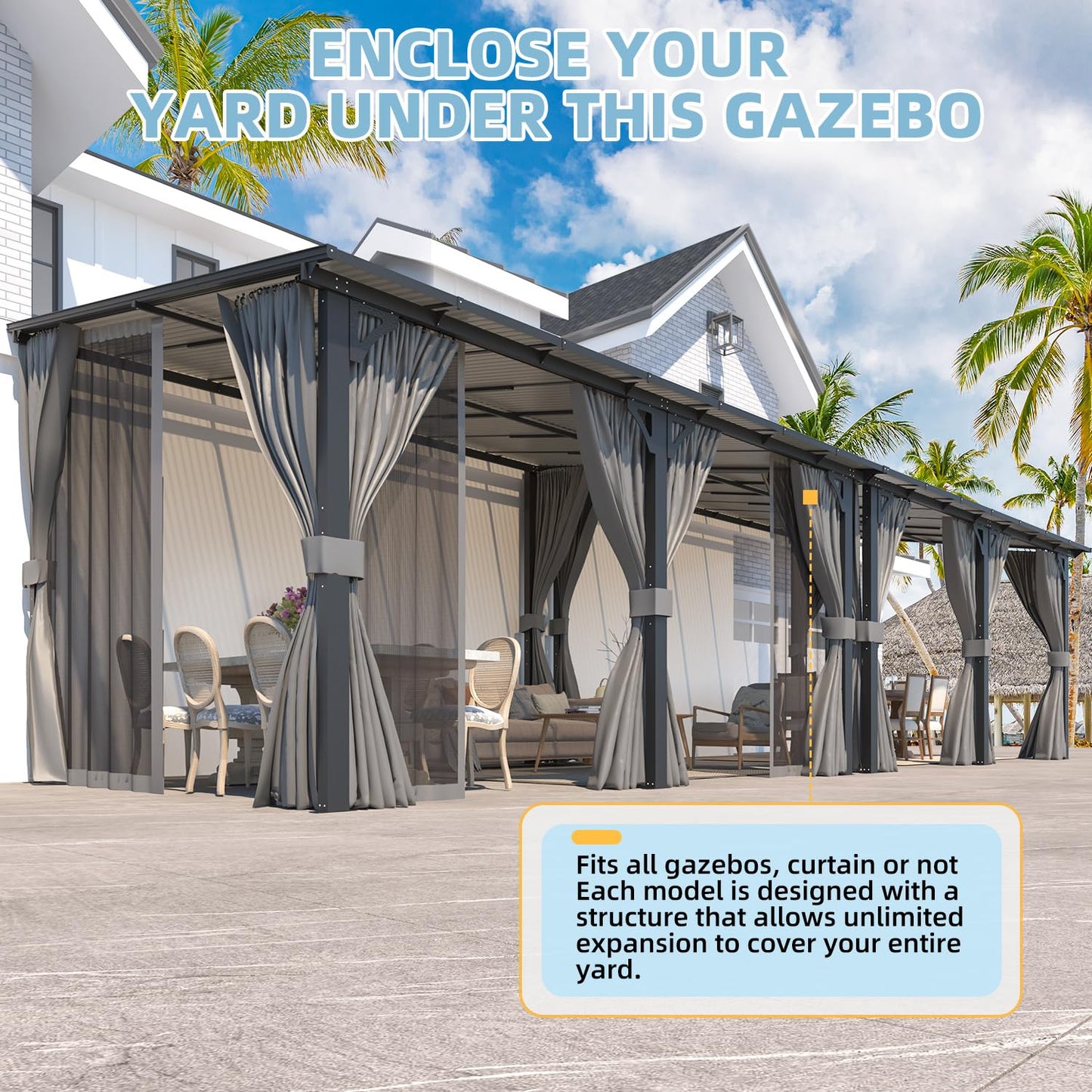 AECOJOY 14' x 10' Gazebo for Patio, Hard Top Lean to Gazebo Pergola with Curtains and Mosquito Netting, Large Wall-Mounted Heavy Duty Awnings for Patio, Decks, Backyard and More