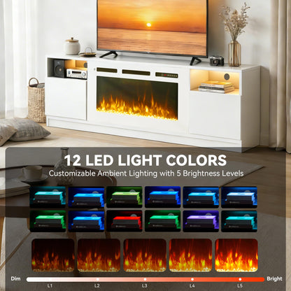 OneBlis 70" Fireplace TV Stand, LED Light Entertainment Center for TVs Up to 80", High-Gloss Door, Modern TV Console for Living Room with Storage Cabinet, White+White