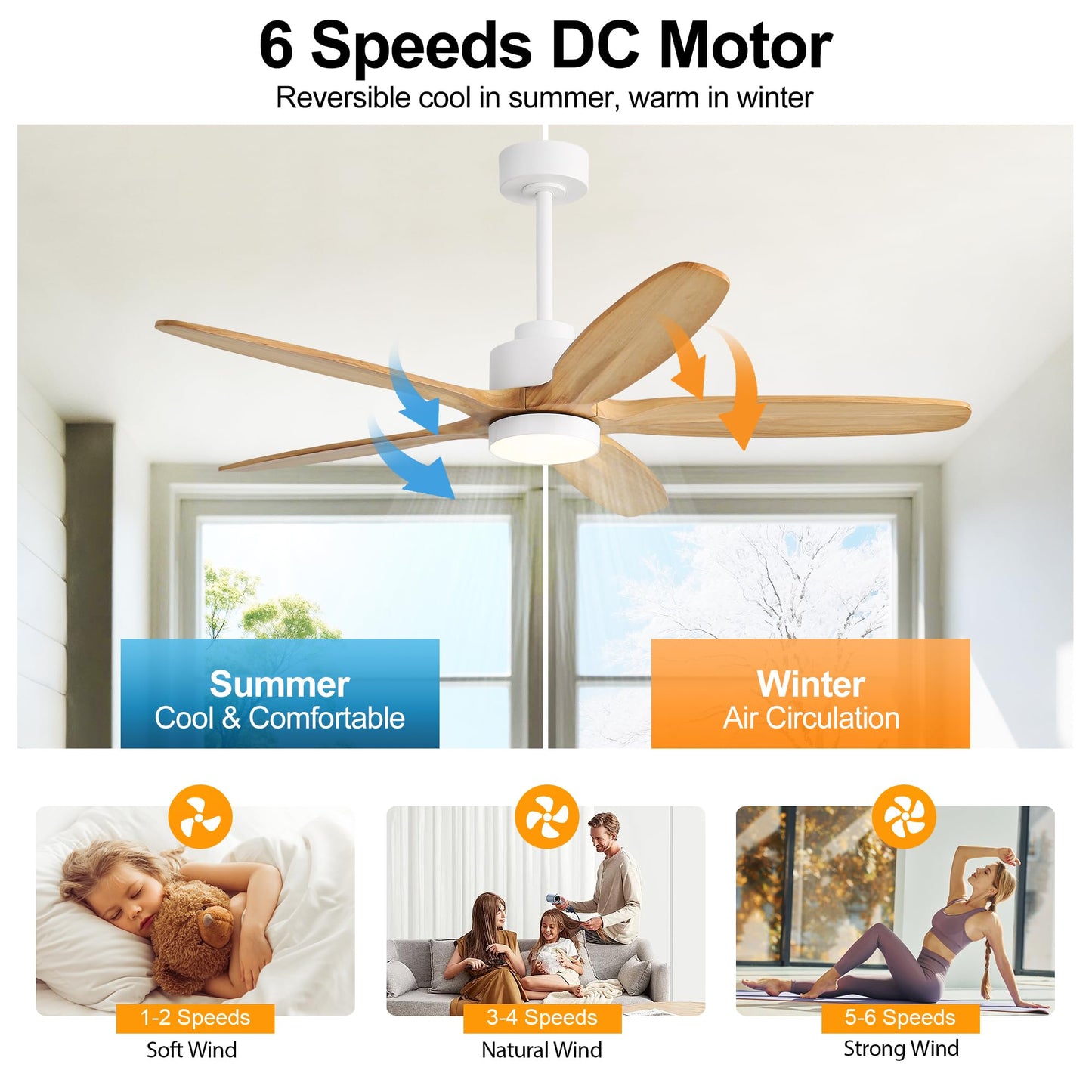 WINGBO 54" Ceiling Fan with Light - 5 Carved Solid Wood Blades, 6-Speed Reversible DC Motor, Dimmable, 3CCT, Noiseless Remote Control Ceiling Fans with Lights for Bedroom Living Room, White and Oak