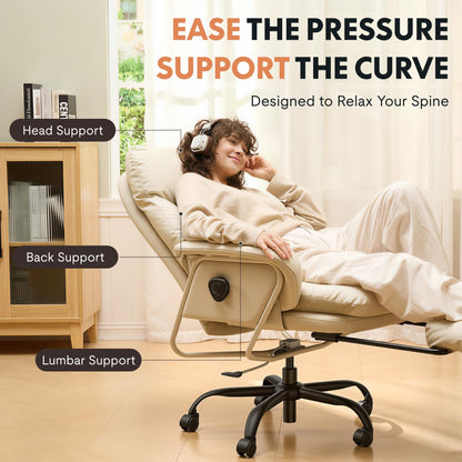 FLEXISPOT Ergonomic Office Chair with Footrest High Back Computer Desk Chairs Indoor Lounge Chair with Wheels 90-165° Reclining Lumbar Support, Chairs for Working Relaxing Cross Legged, Leather, White