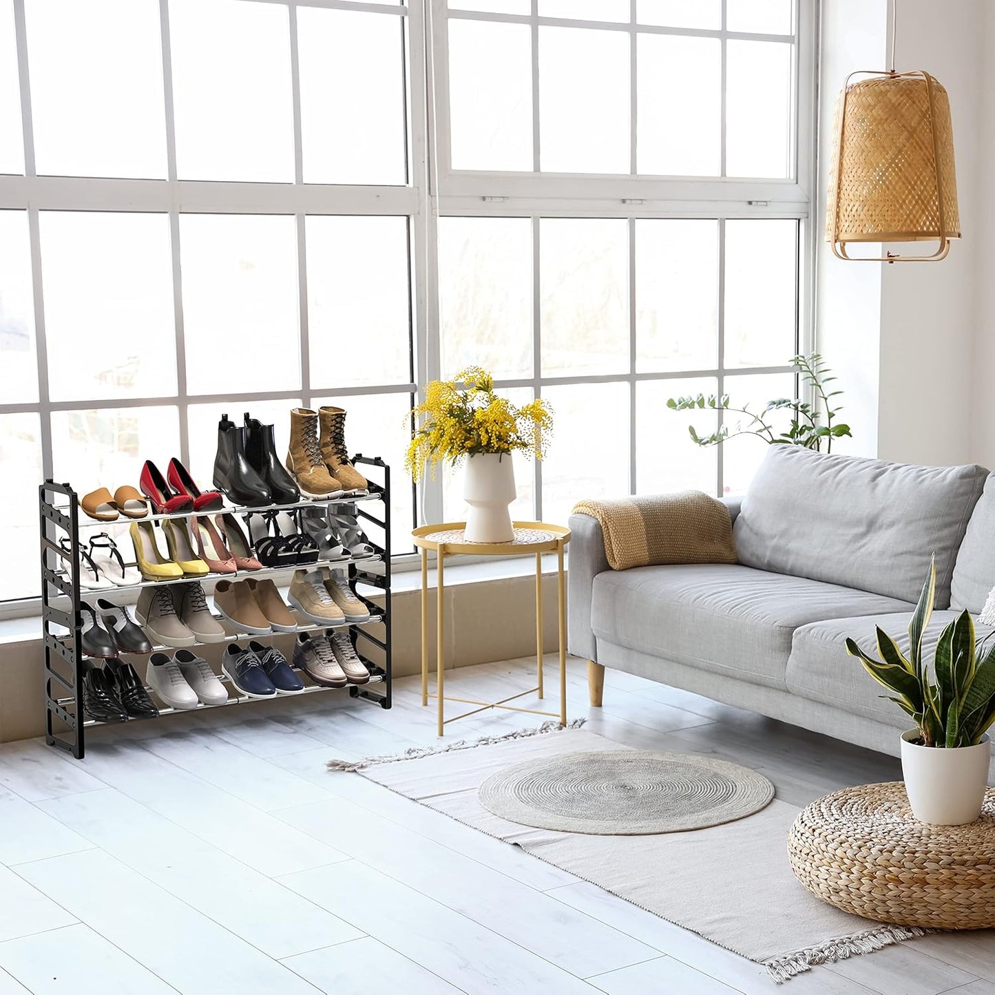 2-Tier (18''-34'') 8 Simple Houseware Expandable and Stackable Shoe Racks with Shelves for Pairs of Shoes, Black
