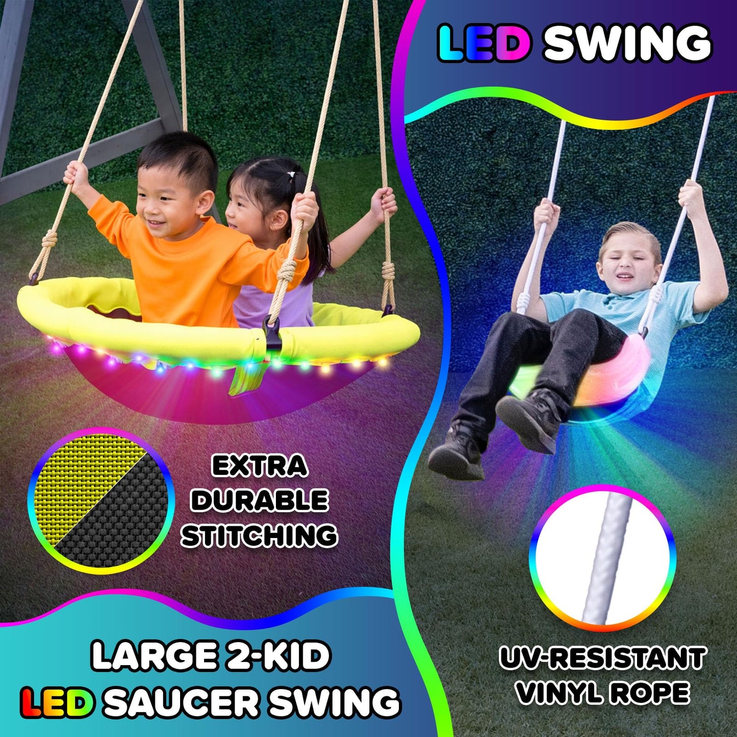 Sportspower Amelia Galaxy Cedar Wooden Swing Set for Night Play with 2 LED Swings, Play Fort with Sandbox, Heavy Duty Double A-Frame, on 6ft LED Slide, Bonus Anchor Kit
