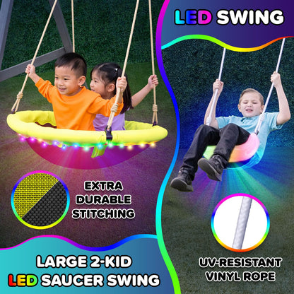 Sportspower Amelia Galaxy Cedar Wooden Swing Set for Night Play with 2 LED Swings, Play Fort with Sandbox, Heavy Duty Double A-Frame, on 6ft LED Slide, Bonus Anchor Kit