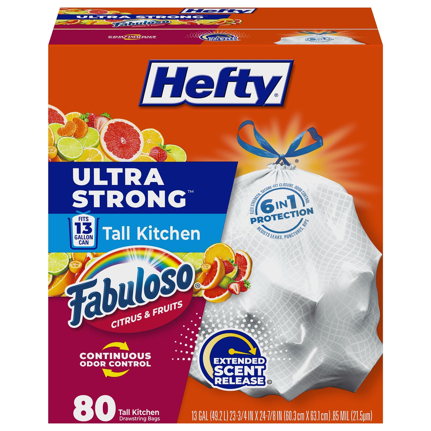 Hefty Ultra Strong 13 Gallon Trash Bags, Tall Kitchen Trash Bags 13 Gallon Size, White, Fabuloso Citrus & Fruits Scent, 80 Bags