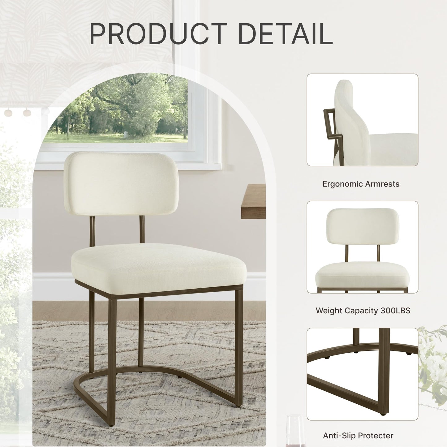 KISLOT Dining Chairs Set of 4, Upholstered Modern Kitchen Chairs with Ergonomic Backrest, Fabric Cushion & Wire Drawing Curve Metal Legs for Living Room, Restaurant, Café, Ivory, 2Boxs