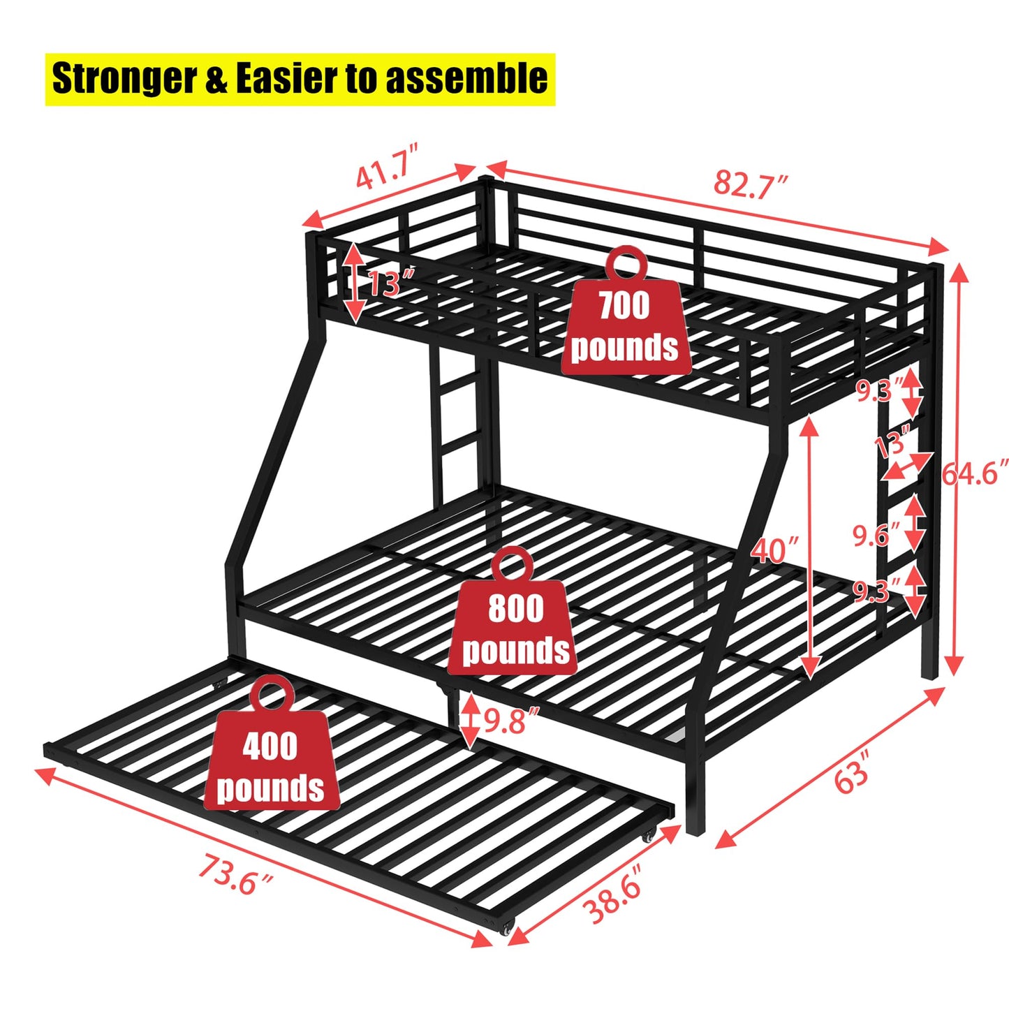 NOAHLEO Stronger & Safer Heavy Duty Metal Twin XL Over Queen Size Bunk Bed with Twin Trundle for Adults Teens, More Stable Thickened Steel Bunkbed (Twin XL Over Queen with Twin Trundle)