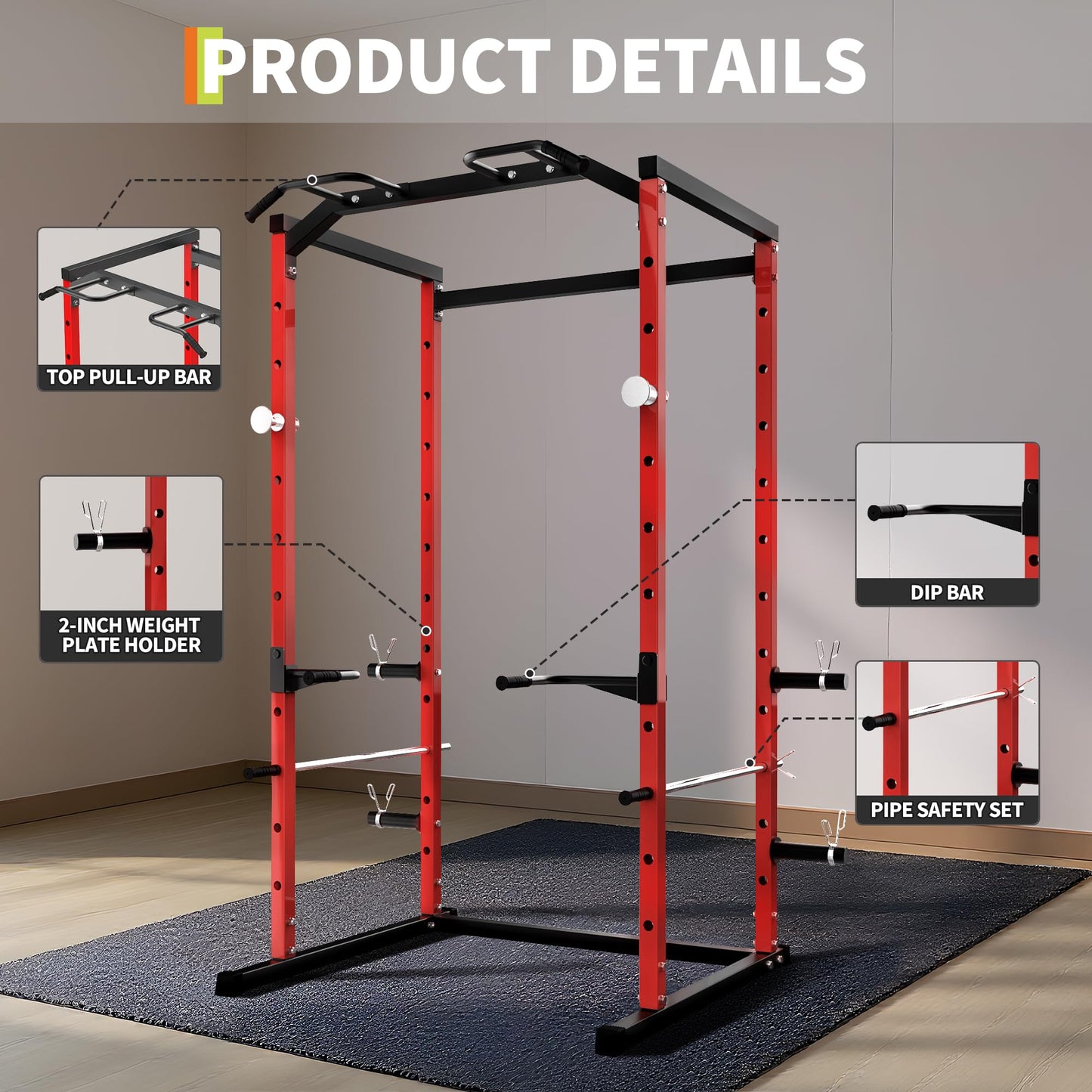 Garvee Power Cage, Squat Rack for Home Gym, 1100LB Capacity Power Rack with Pull-Up Bar, Adjustable Safety Bars, Strength Training for Home Gym, Red