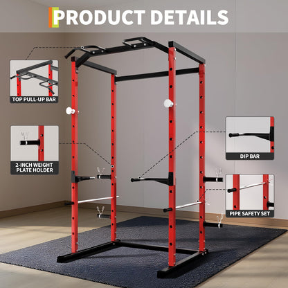 Garvee Power Cage, Squat Rack for Home Gym, 1100LB Capacity Power Rack with Pull-Up Bar, Adjustable Safety Bars, Strength Training for Home Gym, Red
