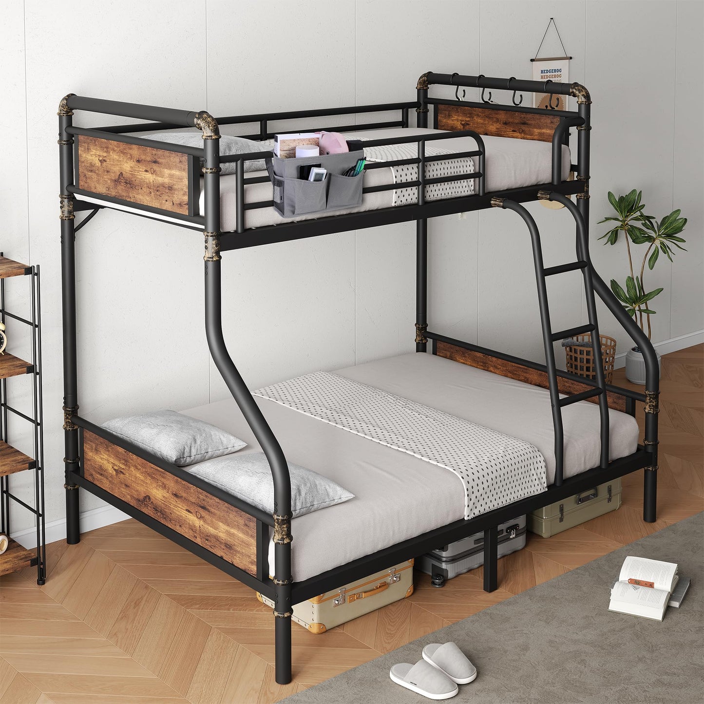 Jocoevol Metal Bunk Bed Twin Over Full, Industrial Bunkbeds Heavy Duty Bed with Safety Guard Rails and Space-Saving Design, Steel Bed for School, Bedroom (Vintage Brown)