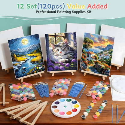 120pcs 8x10 Inch Painting Supplies Kit, 12Pack Art Canvas Bulk with Easel Stand, 12 Colors Mini Acrylic Paint Set, Small Paint Brushes, Paint Trays, Painting Kit