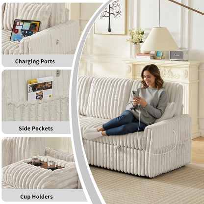 KCGKCG Sleeper Sofa Bed, 81” Pull Out Couch Bed, 3 in 1 L-Shaped Couch with Charging Station, Cup Holder, Side Pocket, Couches for Living Room(Plush Beige)